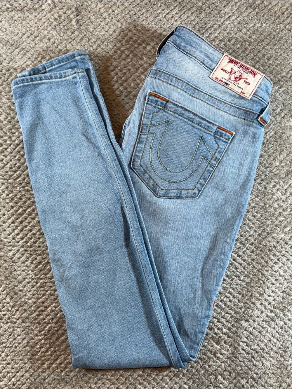 True Religion Women’s 28 Distressed Light Blue Skinny Jeans Orange Stitch